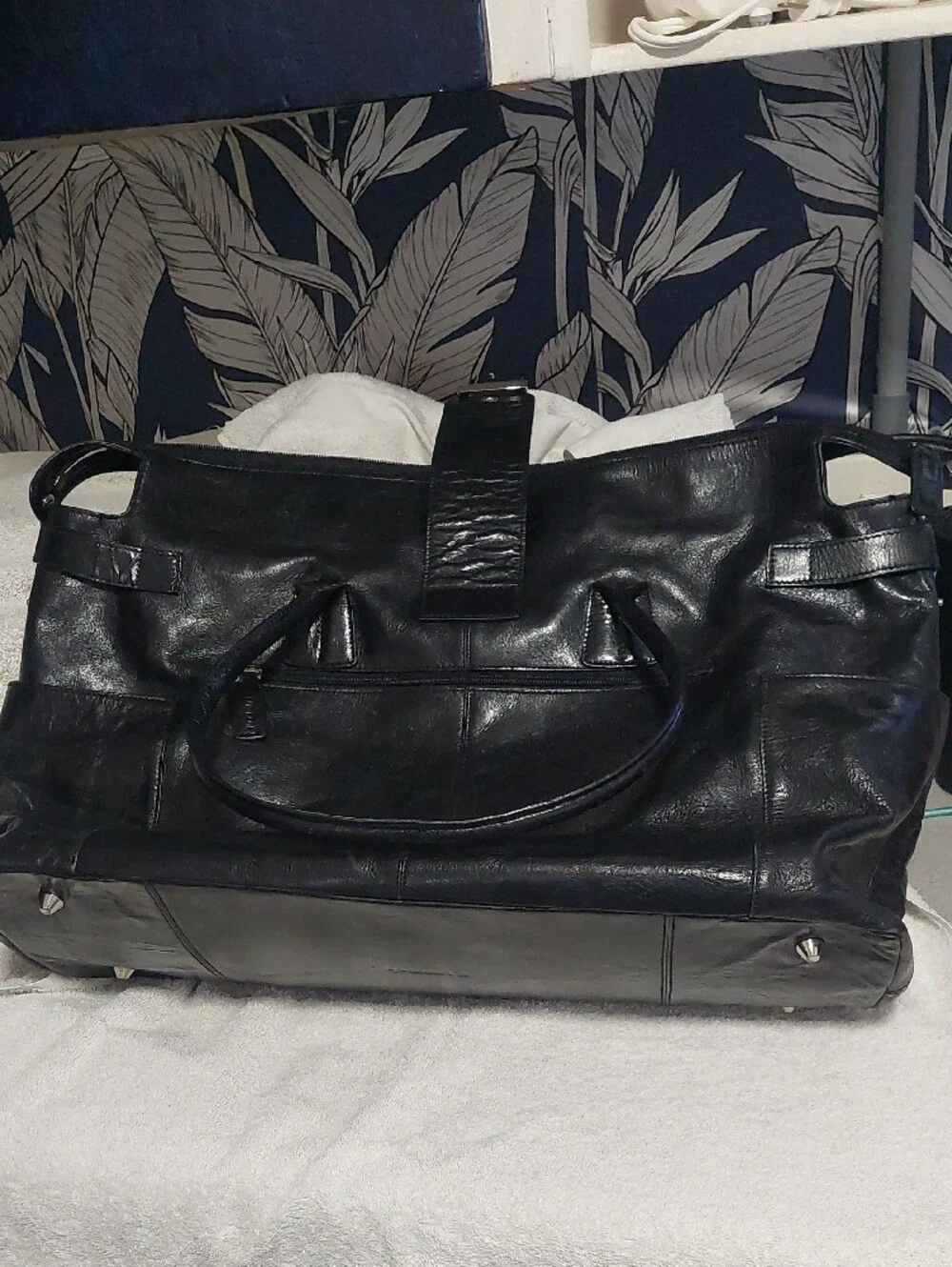 Structured Black Leather Laptop Tote Bag with Front Flap Pocket